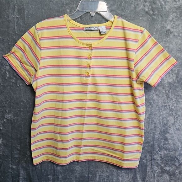 Kenneth Too Top Sz Lg Yellow Cotton Stripe Top Henley pullover - Picture 1 of 8